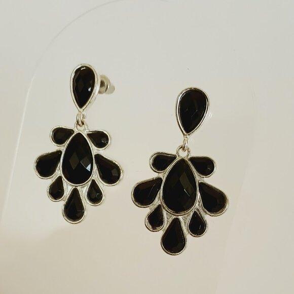 Cascading Teardrop Acrylic Drop Earrings Silver Tone & Black Post/Stud Dangle - Picture 4 of 7